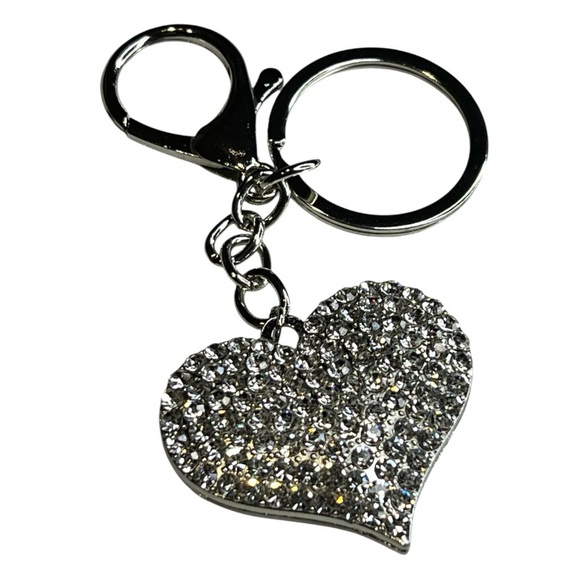 Accessories - Purse Charm Keychain Sparkly Silver Rhinestone Heart